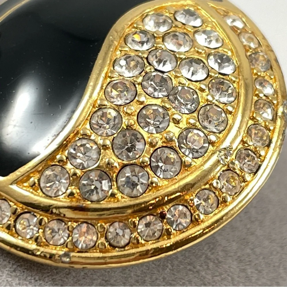 Vintage Monet Yin Yang Gold Tone Black Enamel Rhinestone Clip On Earrings